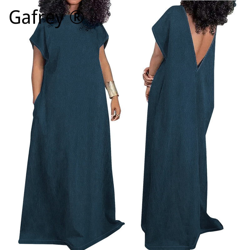 Vintage Fashion Plus Size - Sukienka jeansowa maxi bez rękawów, z