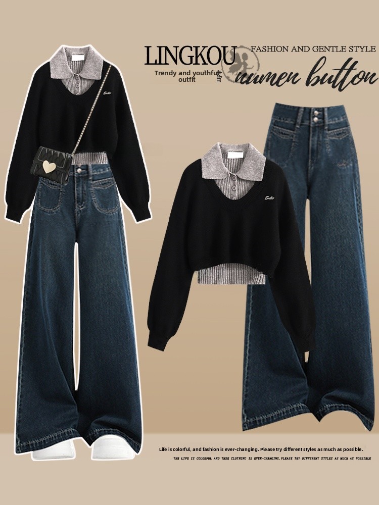 Vintage Fashion Plus Size - Koreański styl, dzianinowy komplet plus size,