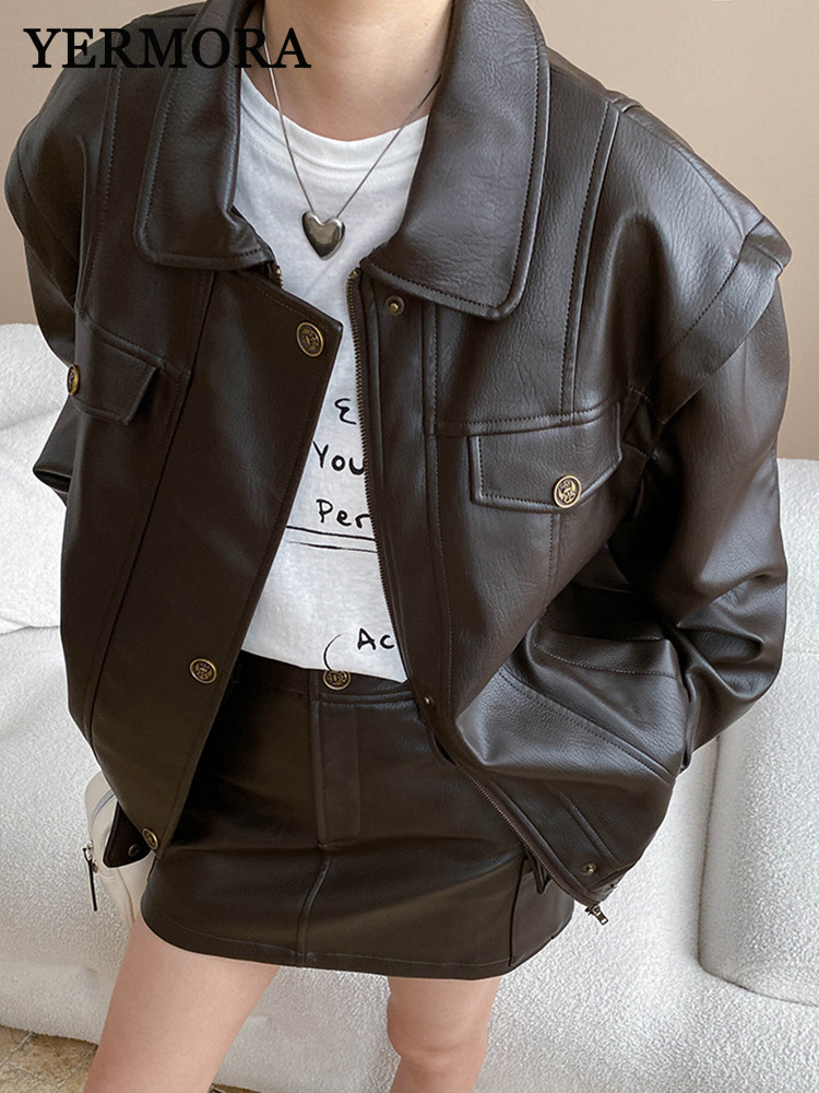 Vintage Fashion Jacket - YERMORA Damska Kawa Skórzana Kurtka PU